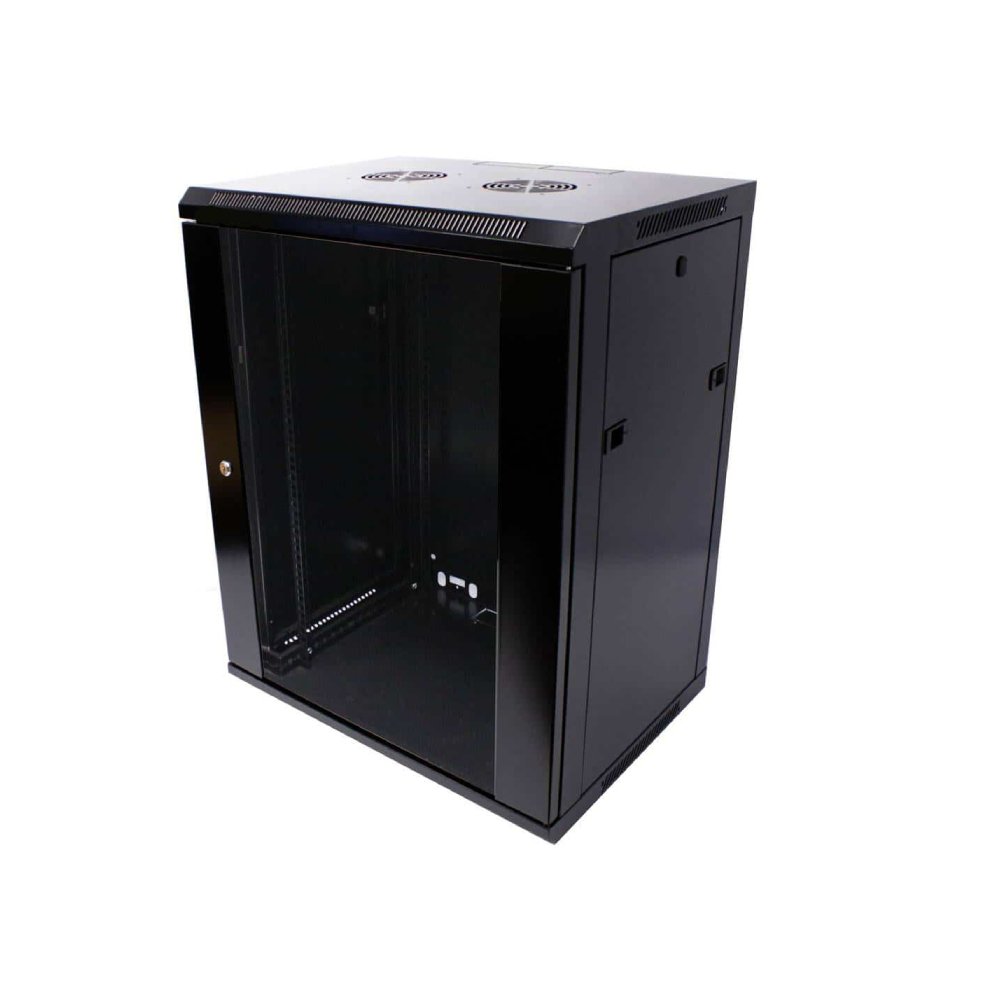 Wall Mount Cabinet 21U x 18″ Depth Glass Door – Black