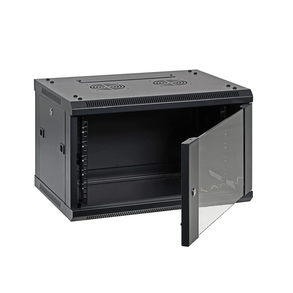 Wall Mount Cabinet 6U x 13.5″ Usable Depth Glass Door – Black 1
