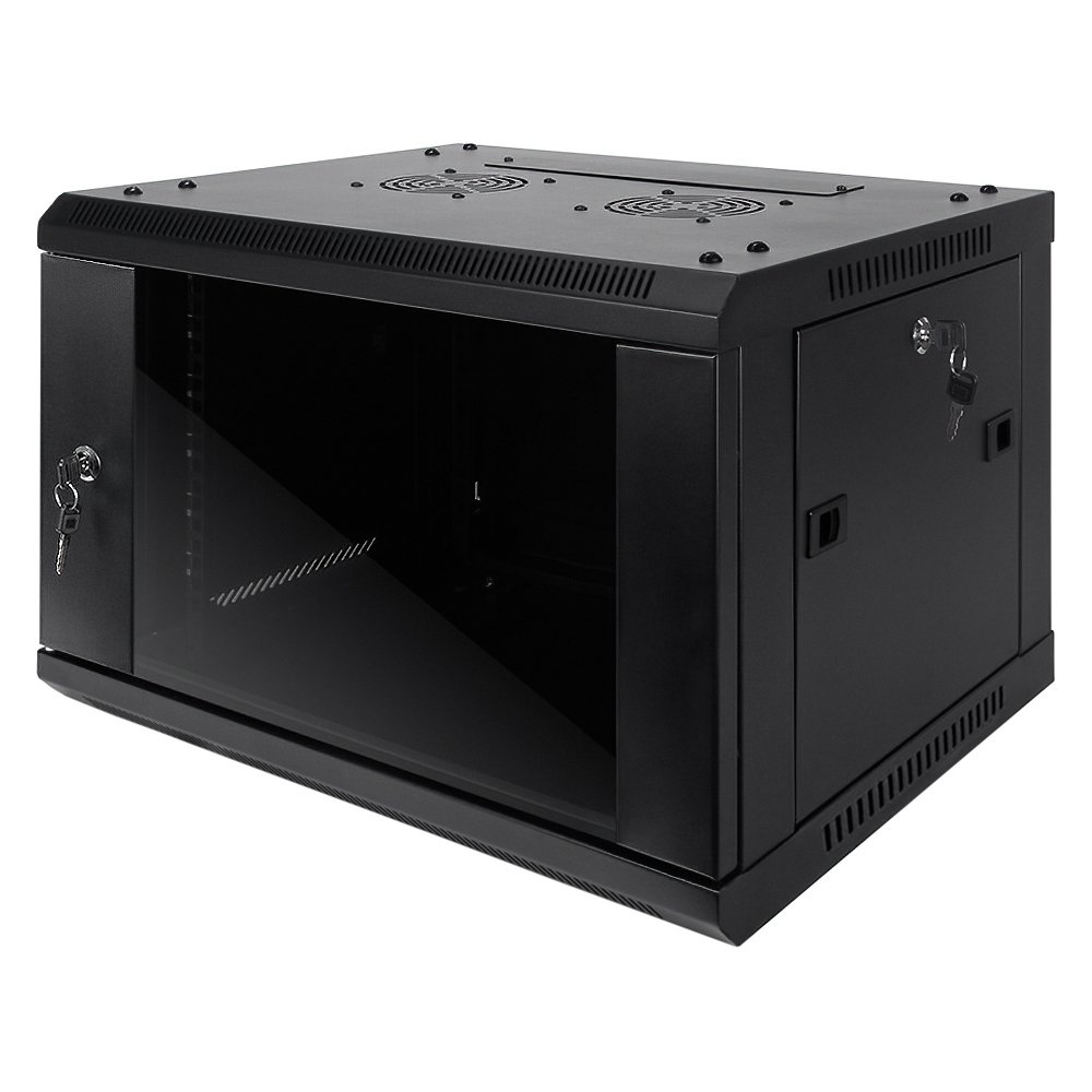 Wall Mount Cabinet 6U x 13.5″ Usable Depth Glass Door – Black